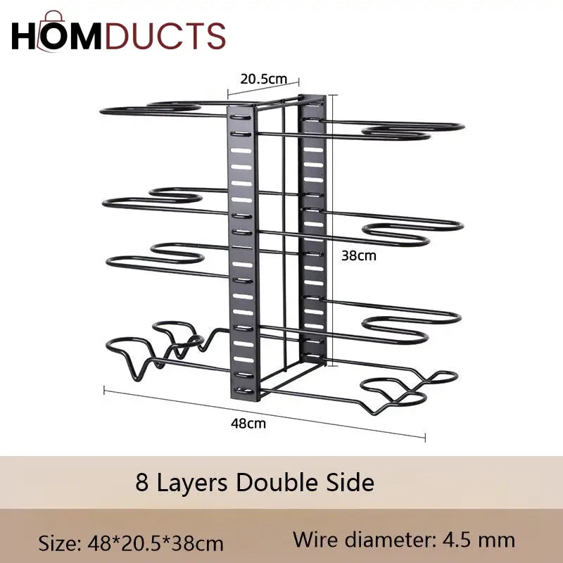 Adjustable Heavy-Duty Pot and Pan Organizer Rack – 8-Tier Kitchen Cookware Storage Stand for Lids & Skillets