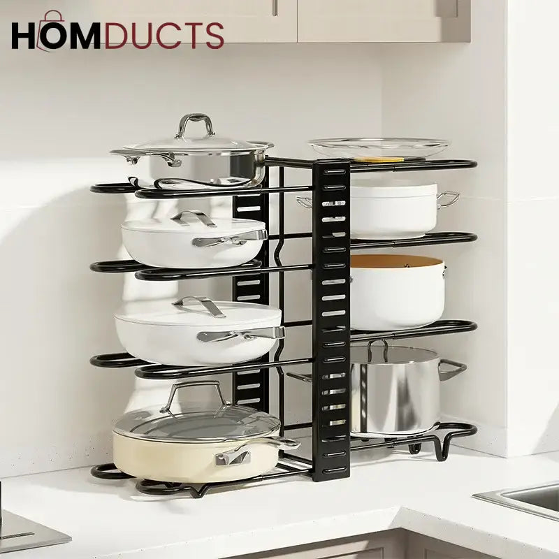 Adjustable Heavy-Duty Pot and Pan Organizer Rack – 8-Tier Kitchen Cookware Storage Stand for Lids & Skillets