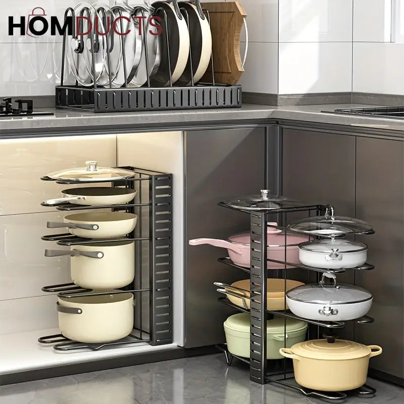 Adjustable Heavy-Duty Pot and Pan Organizer Rack – 8-Tier Kitchen Cookware Storage Stand for Lids & Skillets