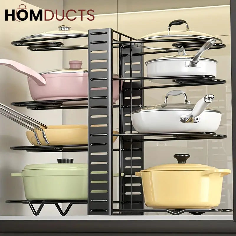Adjustable Heavy-Duty Pot and Pan Organizer Rack – 8-Tier Kitchen Cookware Storage Stand for Lids & Skillets