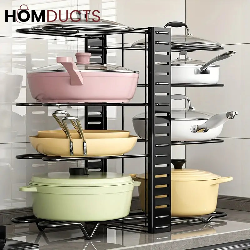 Adjustable Heavy-Duty Pot and Pan Organizer Rack – 8-Tier Kitchen Cookware Storage Stand for Lids & Skillets