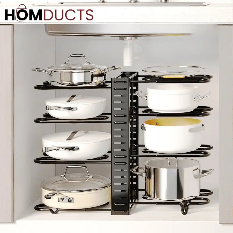 Adjustable Heavy-Duty Pot and Pan Organizer Rack – 8-Tier Kitchen Cookware Storage Stand for Lids & Skillets