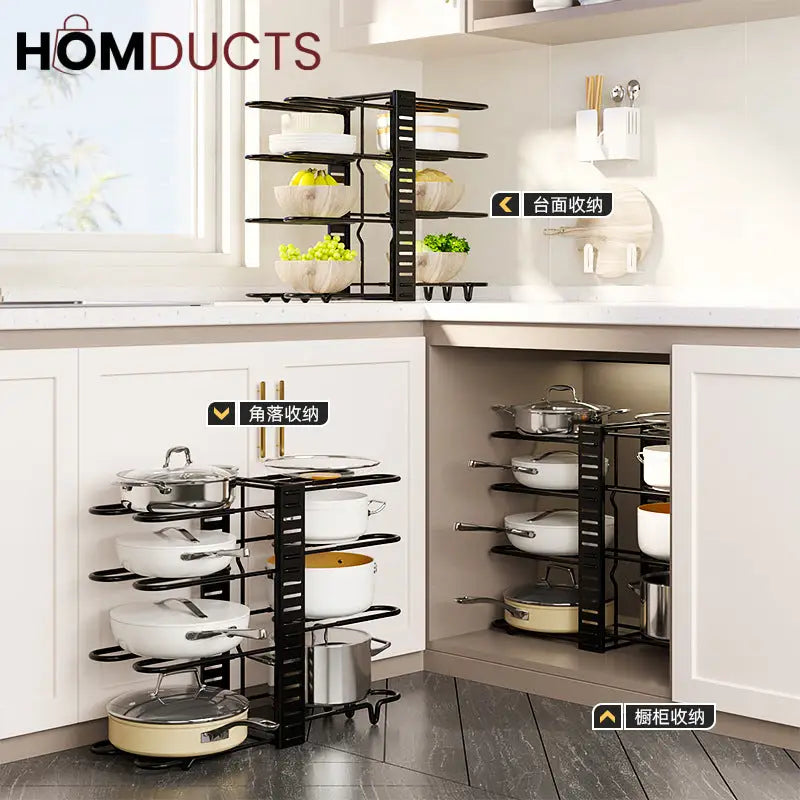 Adjustable Heavy-Duty Pot and Pan Organizer Rack – 8-Tier Kitchen Cookware Storage Stand for Lids & Skillets