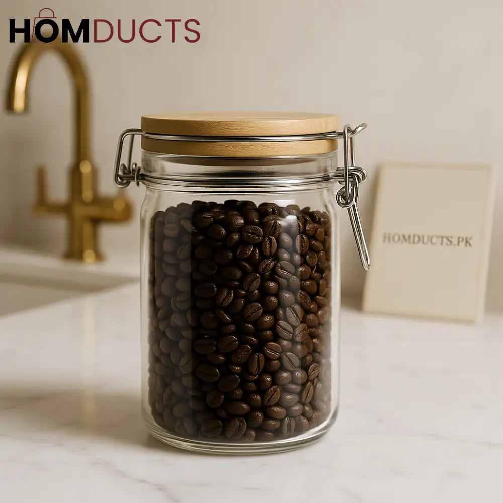 Airtight Glass Coffee Bean Storage Jar with Bamboo Lid – Premium Kitchen Organizer
