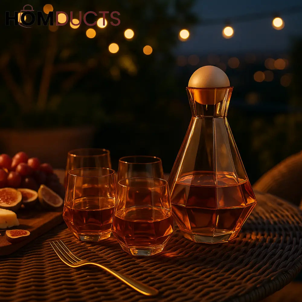 Amber Aura Decanter Set – 6-Piece Faceted Glass Jug & Tumbler Collection for Luxe Entertaining