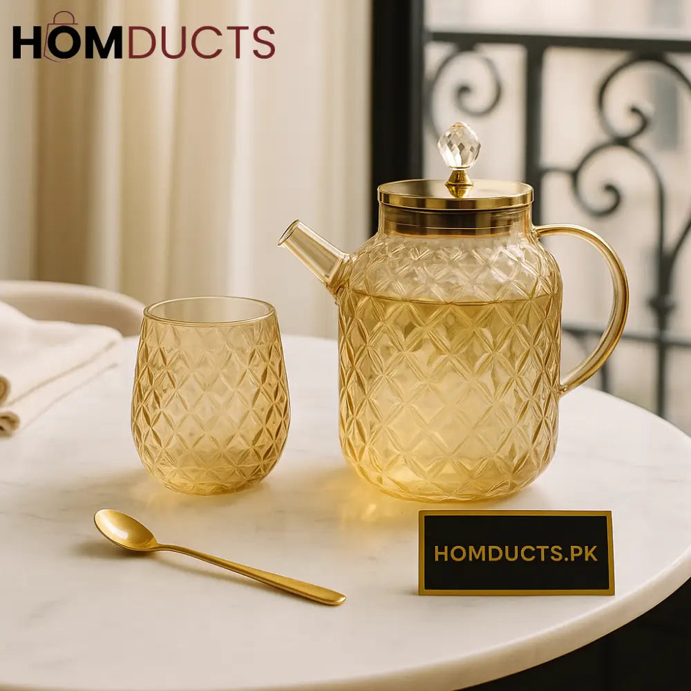Amber Luxe Diamond Glass Tea Set – 1 Kettle, 6 Cups & 6 Gold Spoons