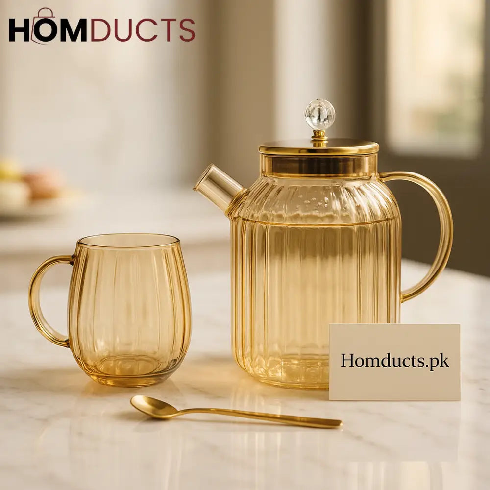 Amber Luxe Ribbed Glass Tea Set – 1 Kettle, 6 Glass Cups & 6 Golden Spoons