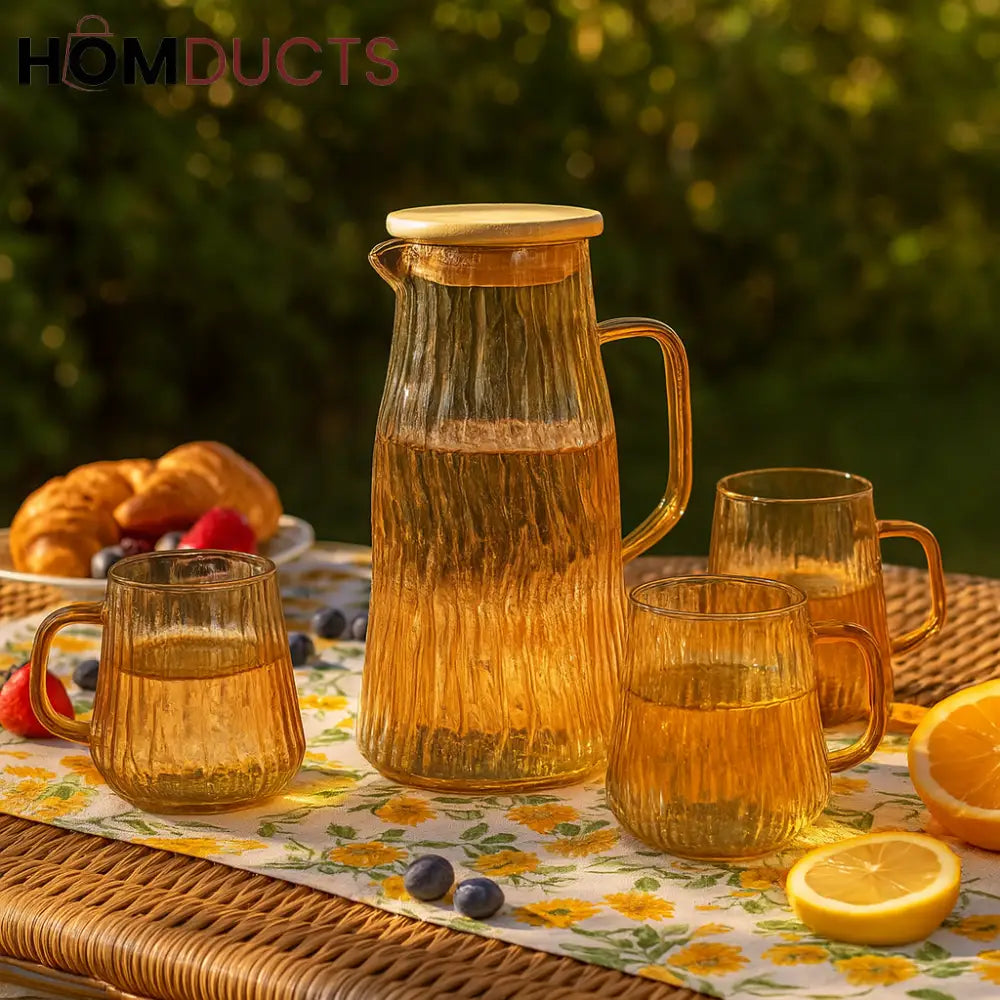 Amber Wave 5-Piece Glass Drinkware Set with Wooden Lid Pitcher
