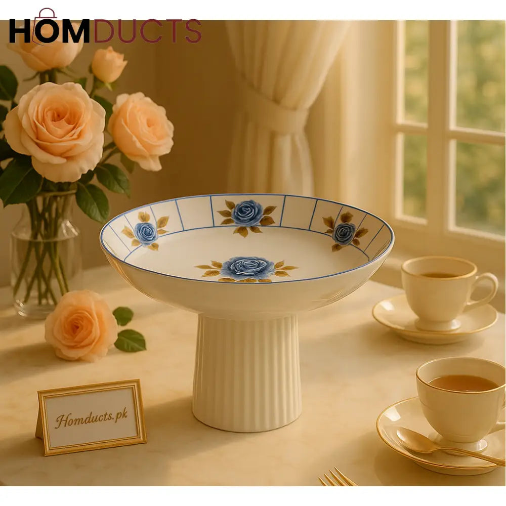 Angela Blue Rose Porcelain Pedestal Bowl – Luxury Floral Fruit & Dessert Centerpiece