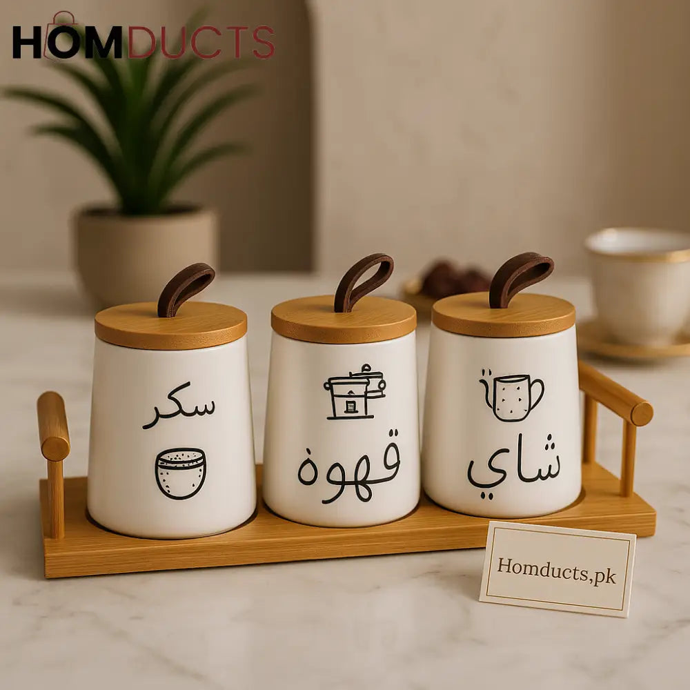 Arabic Ceramic Jar Set – Tea, Coffee & Sugar Storage with Wooden Lids – 3 Pcs