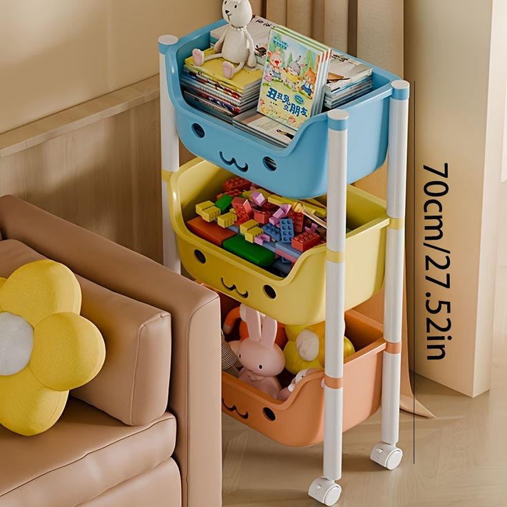 Kids Multi-Tier Toy Storage Organizer with Cute Cartoon Bins & Wheels – Durable Plastic Shelf for Playroom & Nursery