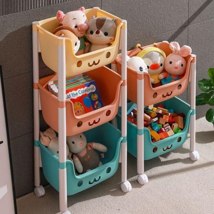Kids Multi-Tier Toy Storage Organizer with Cute Cartoon Bins & Wheels – Durable Plastic Shelf for Playroom & Nursery