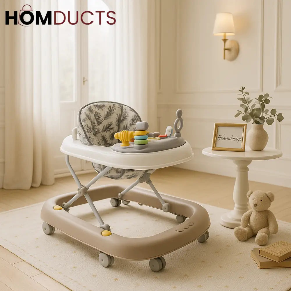 Baby Walker with Activity Tray – Palm Print Seat & Front Play Station