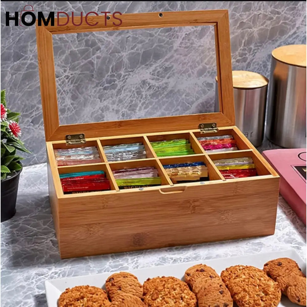 Bamboo Tea Organizer Box with Glass Lid – 6 & 8 Grid Compartment Storage for Tea Bags & Sachets