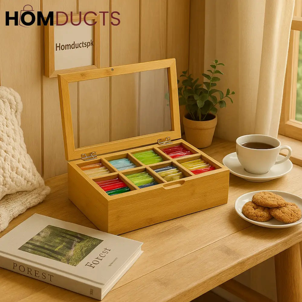 Bamboo Tea Organizer Box with Glass Lid – 6 & 8 Grid Compartment Storage for Tea Bags & Sachets