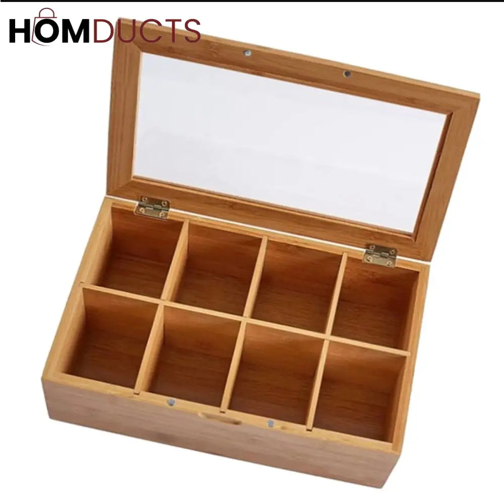 Bamboo Tea Organizer Box with Glass Lid – 6 & 8 Grid Compartment Storage for Tea Bags & Sachets