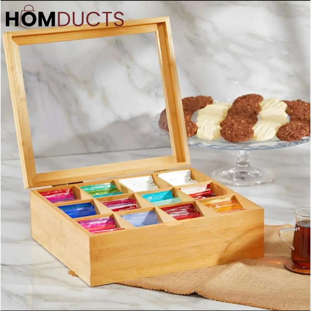 Bamboo Tea Organizer Box with Glass Lid – 6 & 8 Grid Compartment Storage for Tea Bags & Sachets