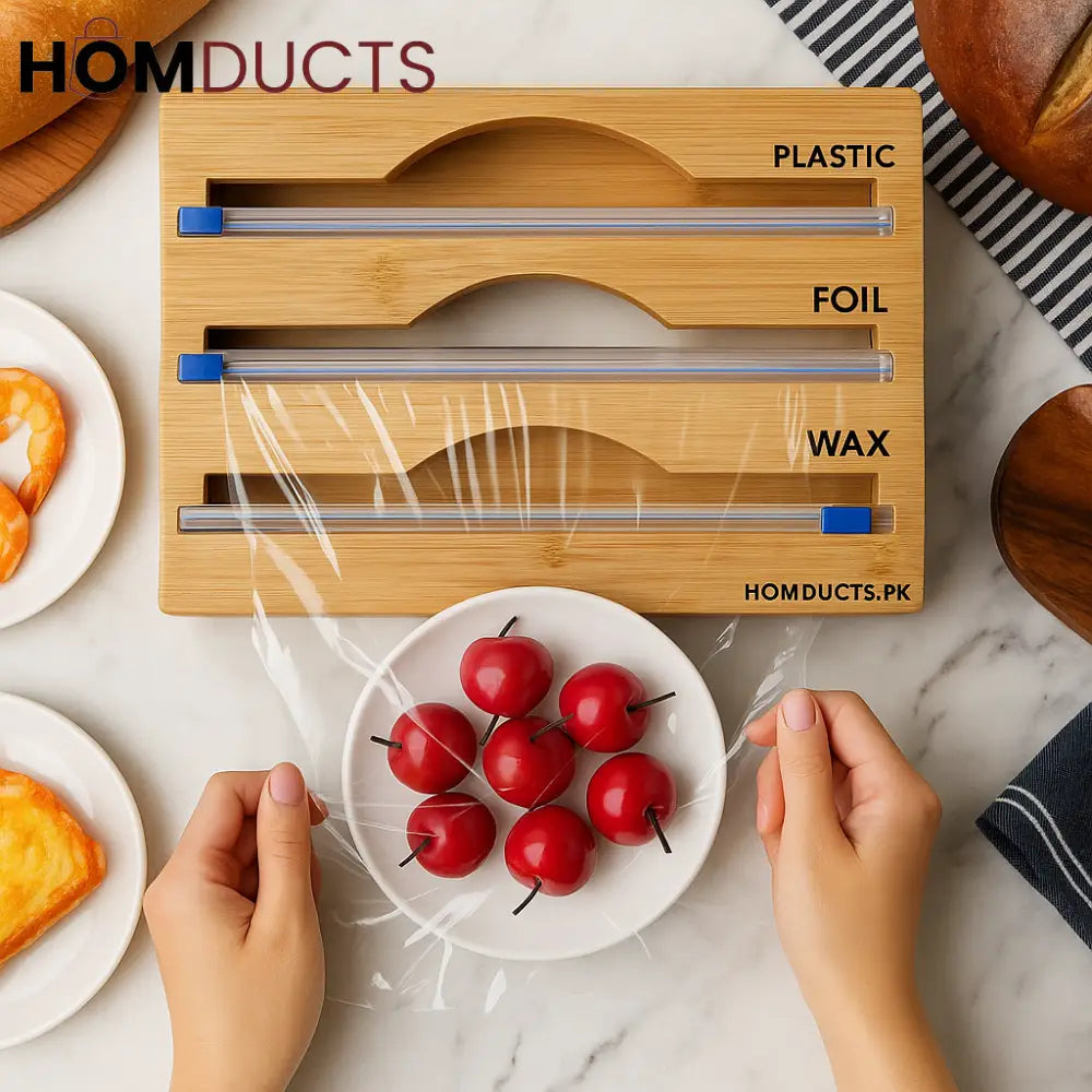 Bamboo Wrap Dispenser with Cutter – Plastic, Foil & Wax Paper Organizer for Kitchen Drawer or Wall Mount