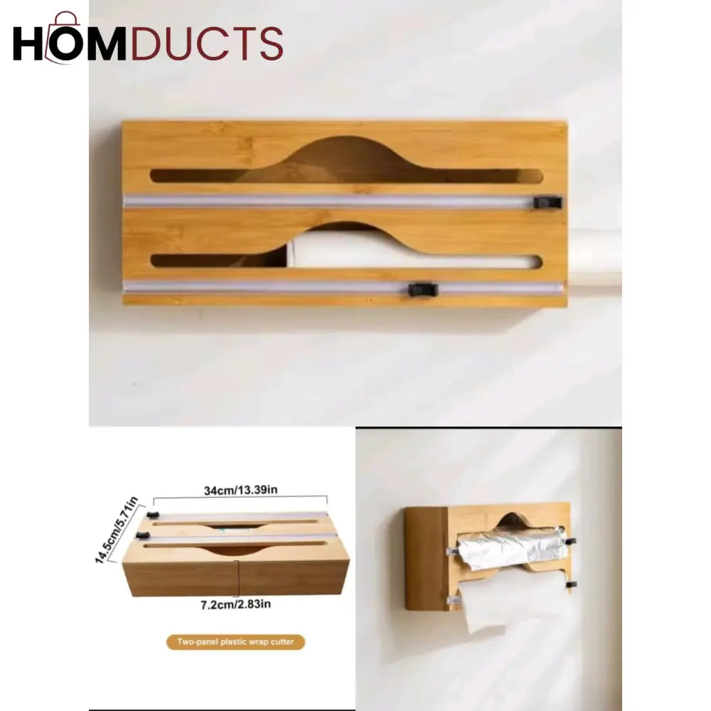 Bamboo Wrap Dispenser with Cutter – Plastic, Foil & Wax Paper Organizer for Kitchen Drawer or Wall Mount
