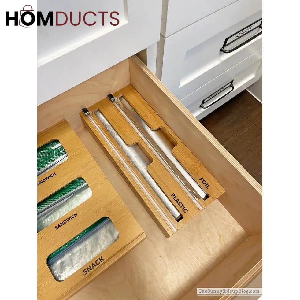 Bamboo Wrap Dispenser with Cutter – Plastic, Foil & Wax Paper Organizer for Kitchen Drawer or Wall Mount