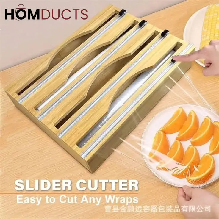 Bamboo Wrap Dispenser with Cutter – Plastic, Foil & Wax Paper Organizer for Kitchen Drawer or Wall Mount