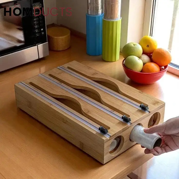 Bamboo Wrap Dispenser with Cutter – Plastic, Foil & Wax Paper Organizer for Kitchen Drawer or Wall Mount