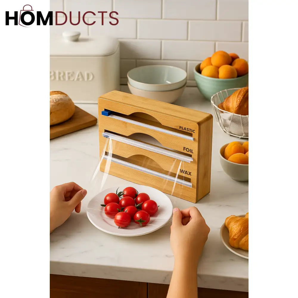 Bamboo Wrap Dispenser with Cutter – Plastic, Foil & Wax Paper Organizer for Kitchen Drawer or Wall Mount