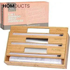 Bamboo Wrap Dispenser with Cutter – Plastic, Foil & Wax Paper Organizer for Kitchen Drawer or Wall Mount