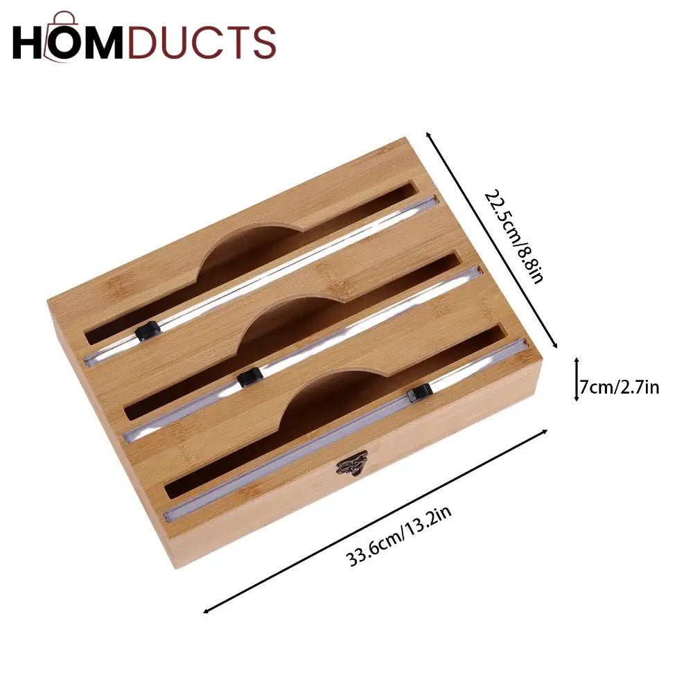 Bamboo Wrap Dispenser with Cutter – Plastic, Foil & Wax Paper Organizer for Kitchen Drawer or Wall Mount