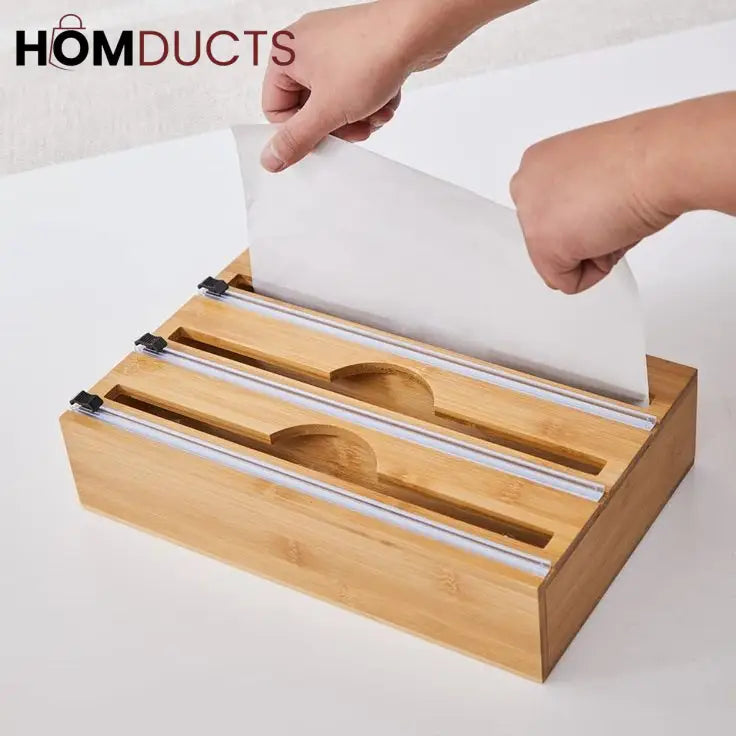 Bamboo Wrap Dispenser with Cutter – Plastic, Foil & Wax Paper Organizer for Kitchen Drawer or Wall Mount