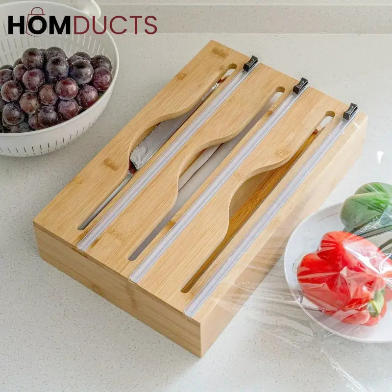 Bamboo Wrap Dispenser with Cutter – Plastic, Foil & Wax Paper Organizer for Kitchen Drawer or Wall Mount