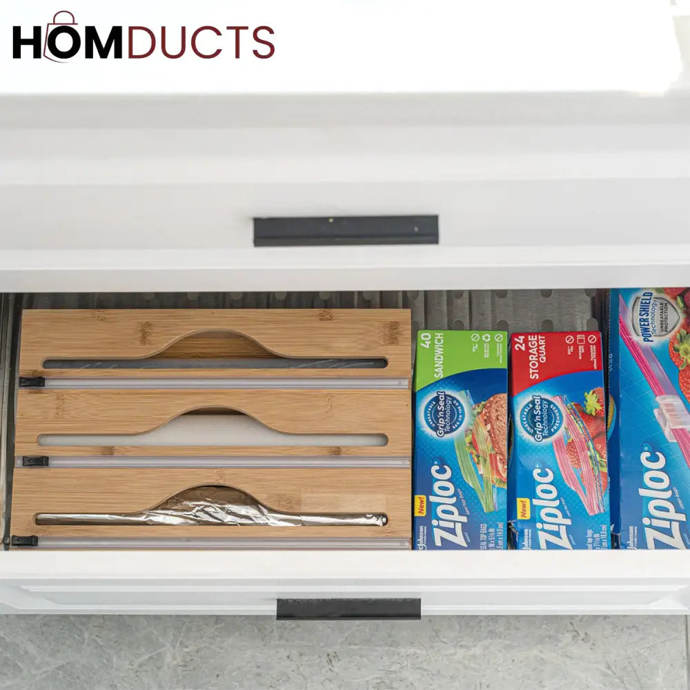 Bamboo Wrap Dispenser with Cutter – Plastic, Foil & Wax Paper Organizer for Kitchen Drawer or Wall Mount