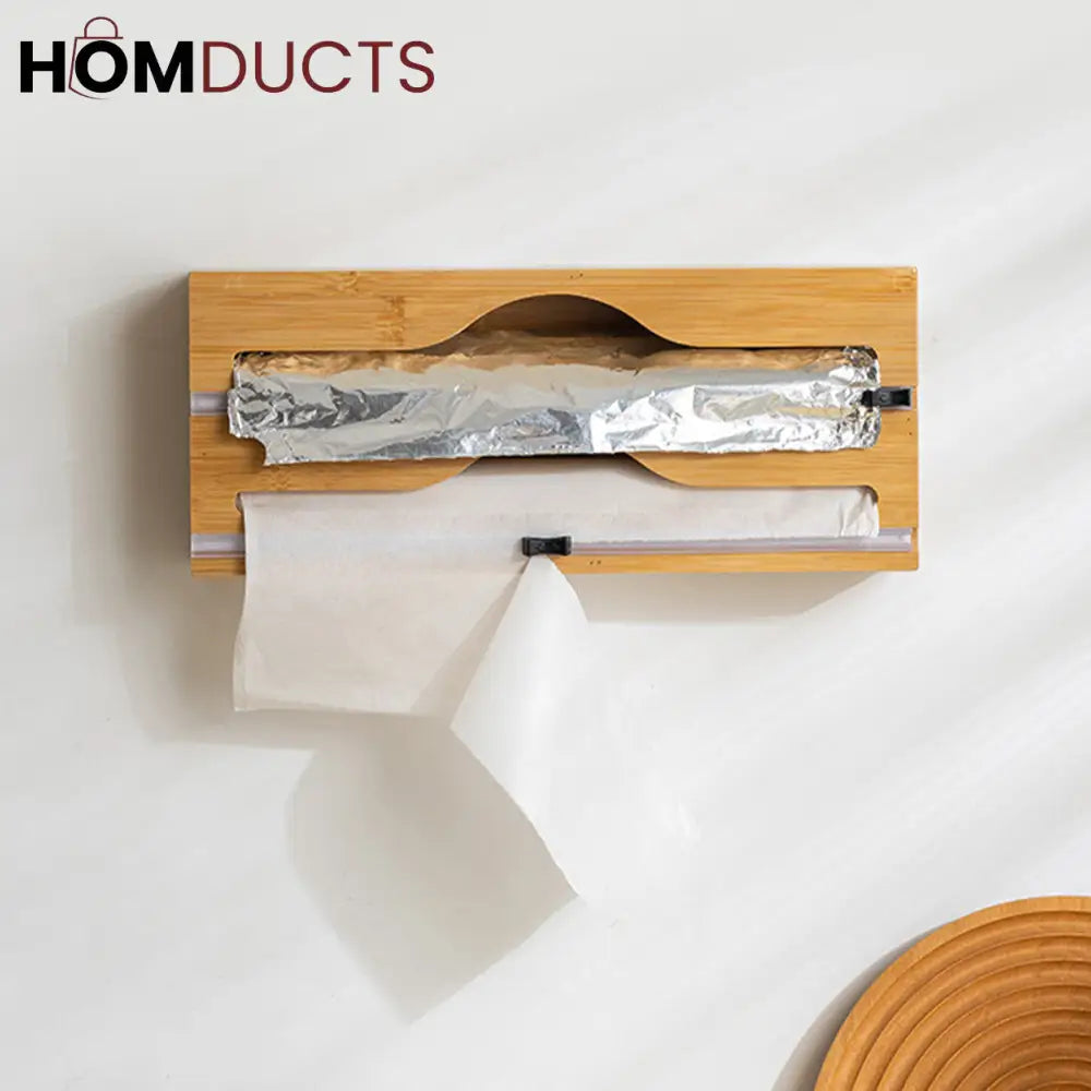 Bamboo Wrap Dispenser with Cutter – Plastic, Foil & Wax Paper Organizer for Kitchen Drawer or Wall Mount