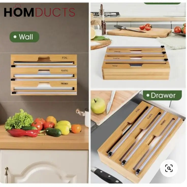 Bamboo Wrap Dispenser with Cutter – Plastic, Foil & Wax Paper Organizer for Kitchen Drawer or Wall Mount