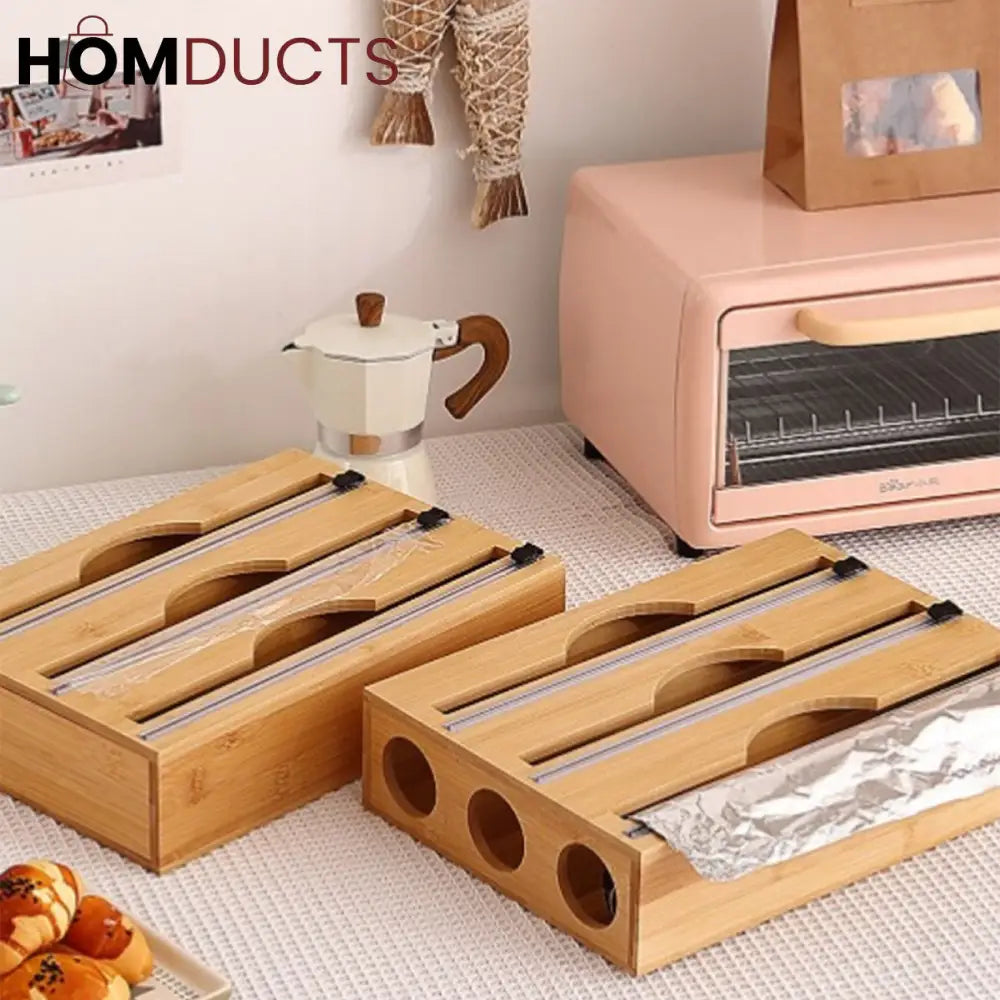 Bamboo Wrap Dispenser with Cutter – Plastic, Foil & Wax Paper Organizer for Kitchen Drawer or Wall Mount