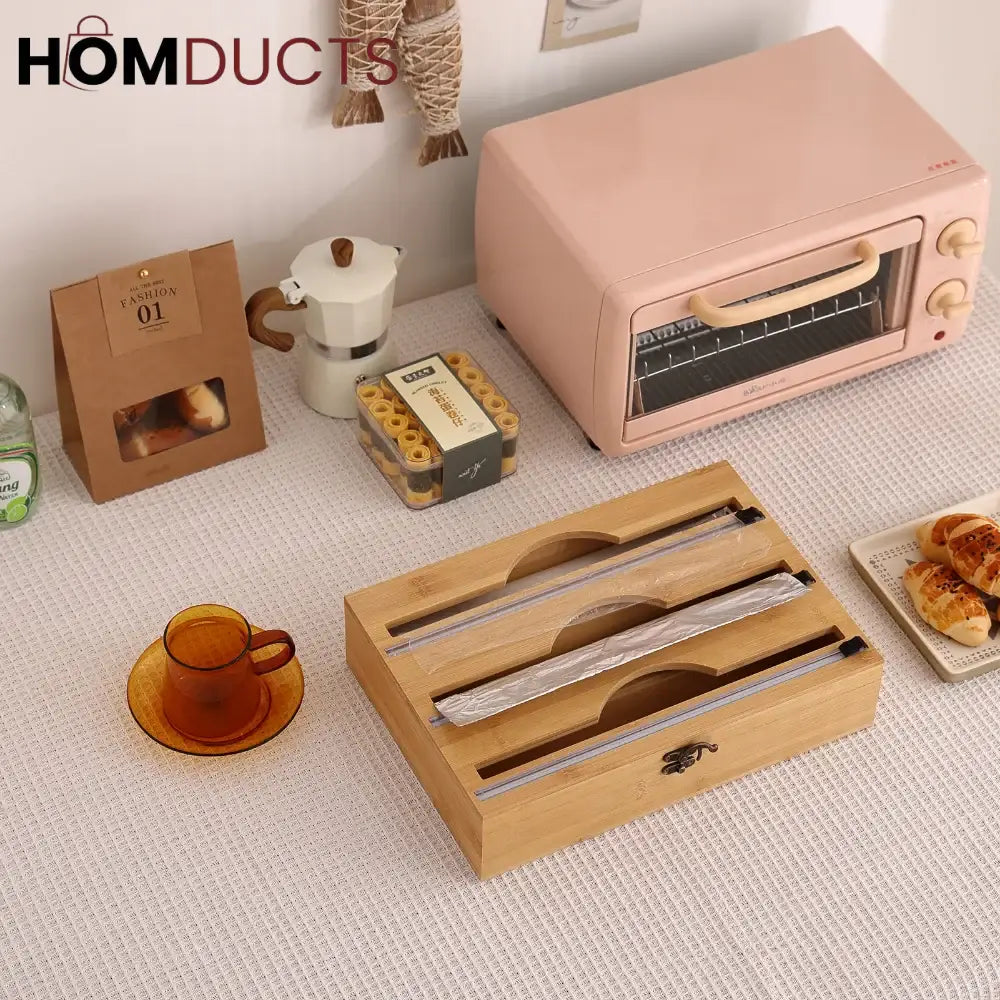Bamboo Wrap Dispenser with Cutter – Plastic, Foil & Wax Paper Organizer for Kitchen Drawer or Wall Mount