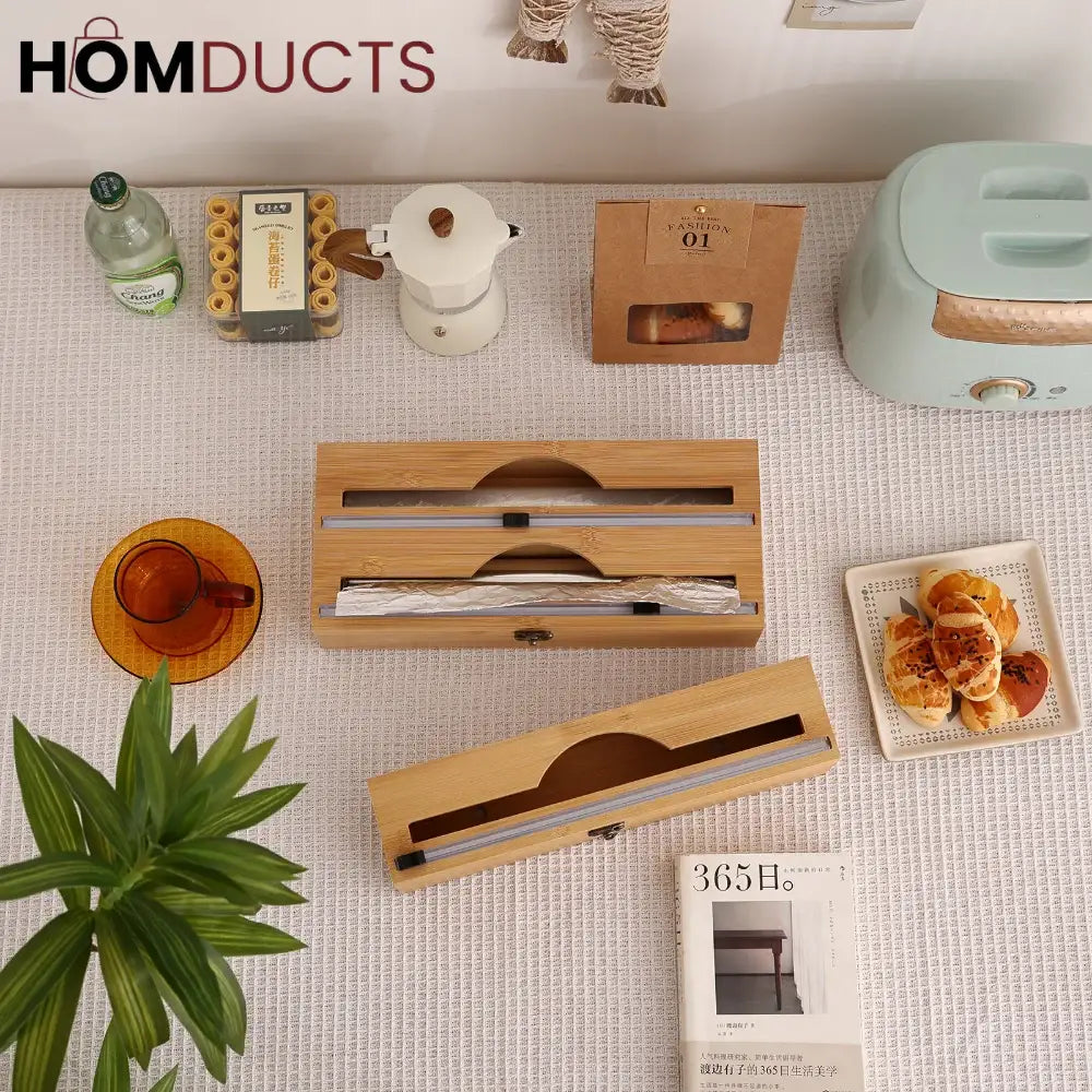 Bamboo Wrap Dispenser with Cutter – Plastic, Foil & Wax Paper Organizer for Kitchen Drawer or Wall Mount