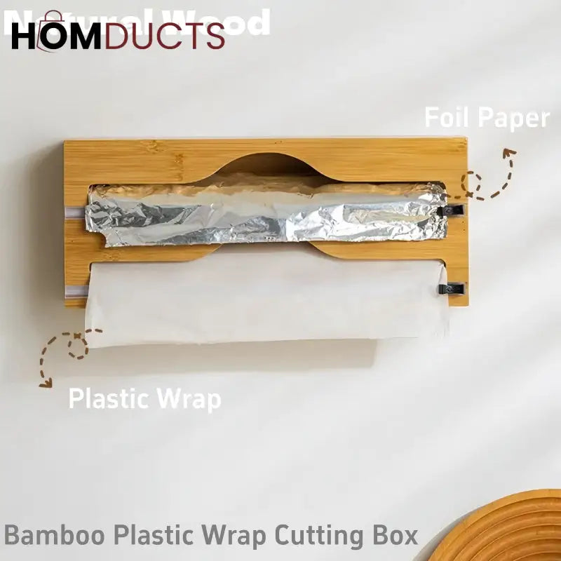 Bamboo Wrap Dispenser with Cutter – Plastic, Foil & Wax Paper Organizer for Kitchen Drawer or Wall Mount