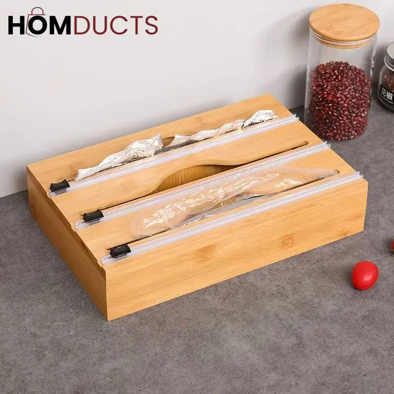 Bamboo Wrap Dispenser with Cutter – Plastic, Foil & Wax Paper Organizer for Kitchen Drawer or Wall Mount