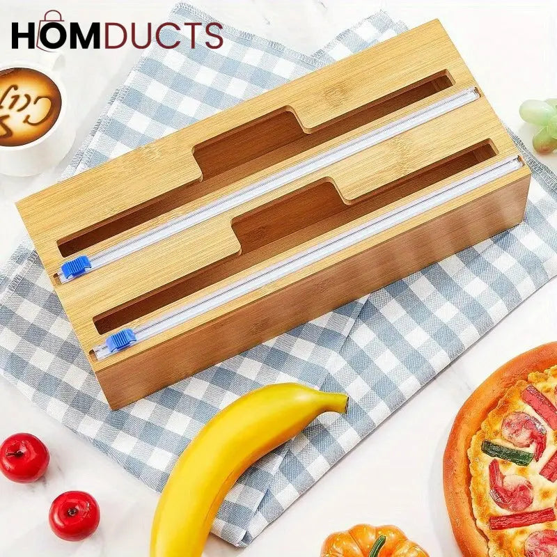 Bamboo Wrap Dispenser with Cutter – Plastic, Foil & Wax Paper Organizer for Kitchen Drawer or Wall Mount