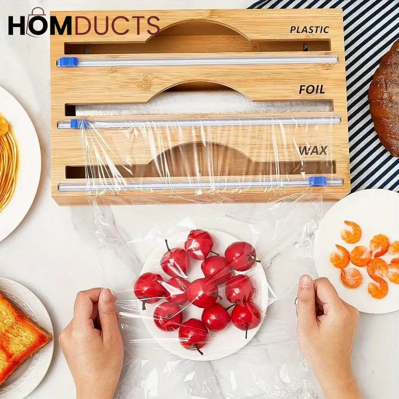 Bamboo Wrap Dispenser with Cutter – Plastic, Foil & Wax Paper Organizer for Kitchen Drawer or Wall Mount