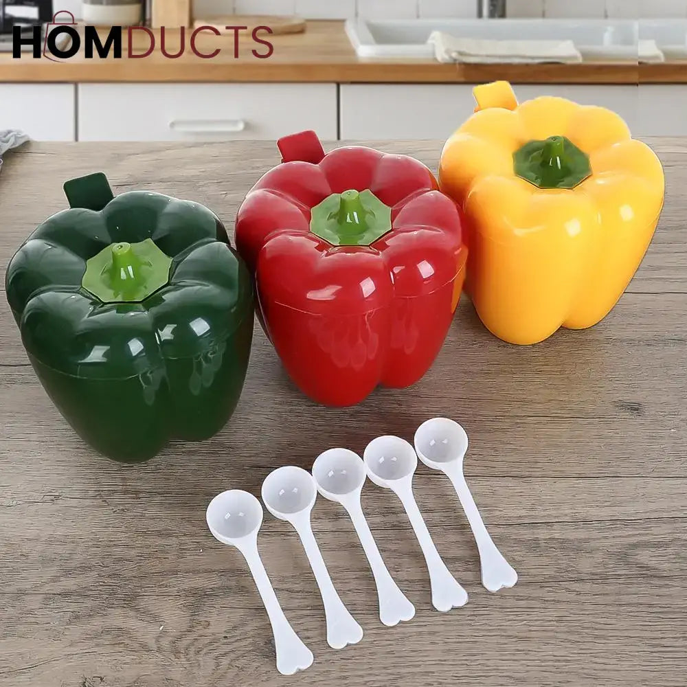 Bell Pepper Shaped Storage Containers with Spoons – Colorful Kitchen Spice & Snack Jars Set