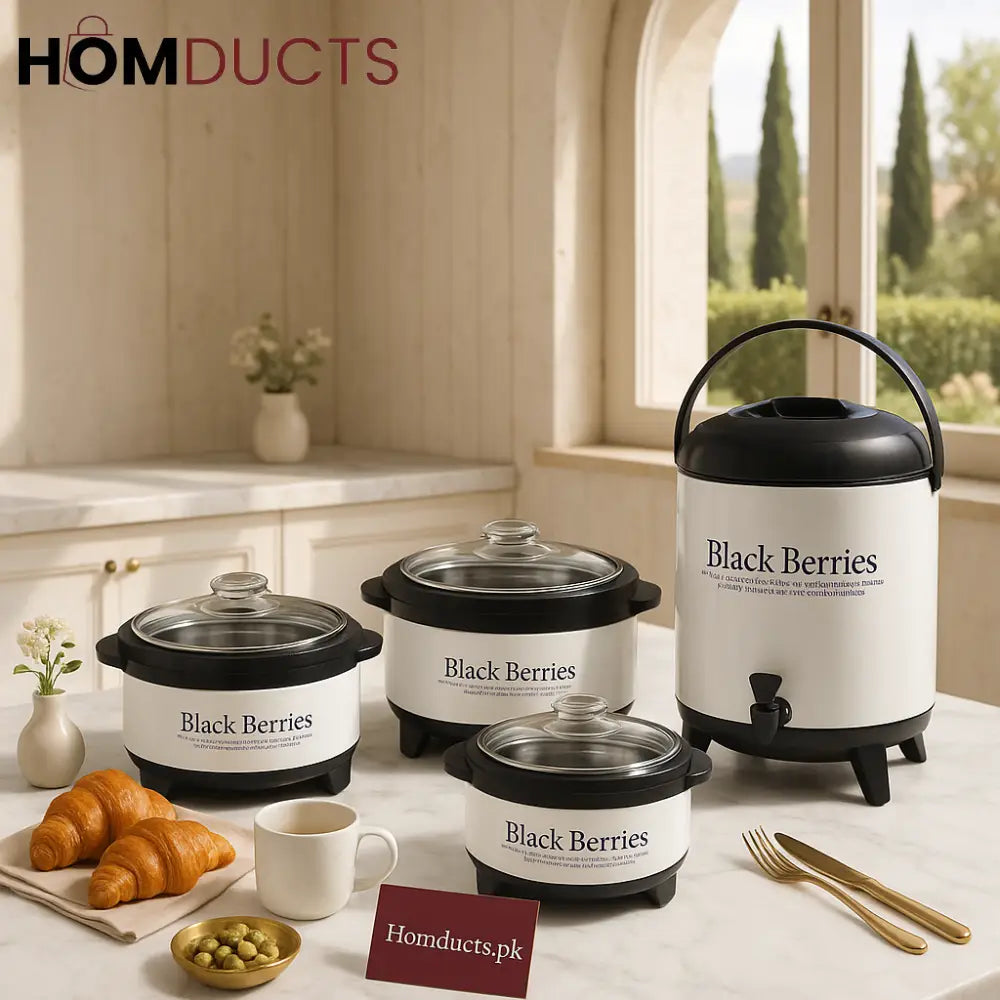Black Berries Revo 4-Piece Insulated Hotpot & Water Cooler Gift Set – Glass Lid, Premium Thermal Storage