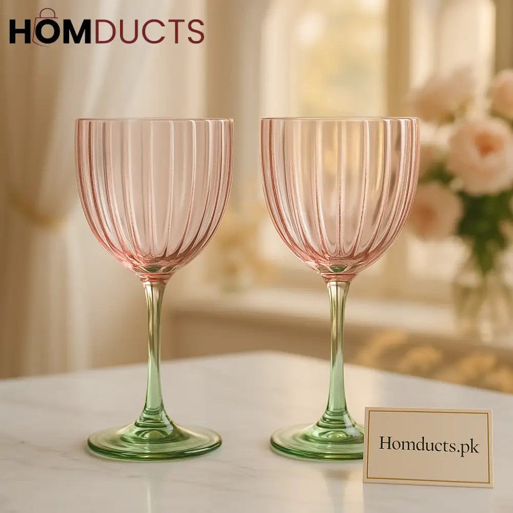 Blush Rosé Vintage Goblet Set – 2-Piece Elegant Ribbed Glassware with Green Stem |