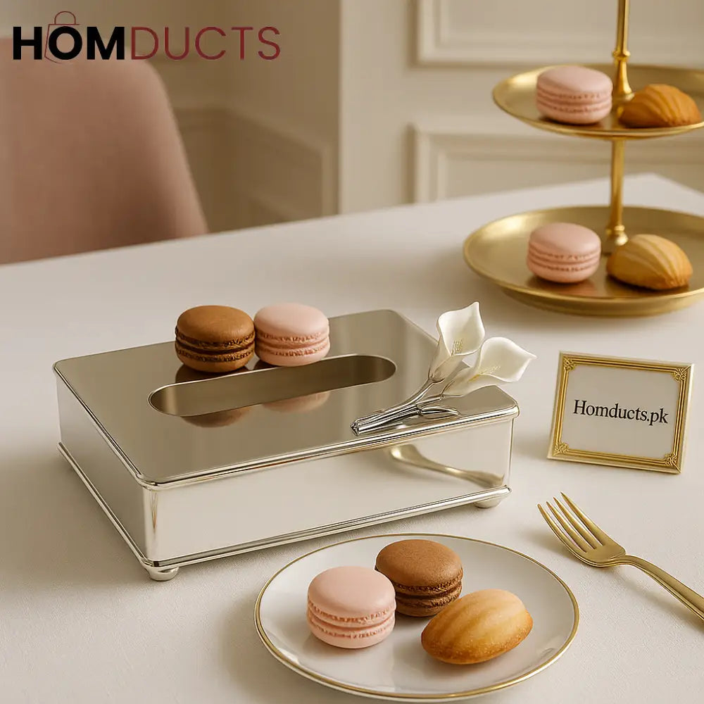 Calla Bloom Luxe Silver Tissue Box – Decorative Vanity & Tabletop Accent