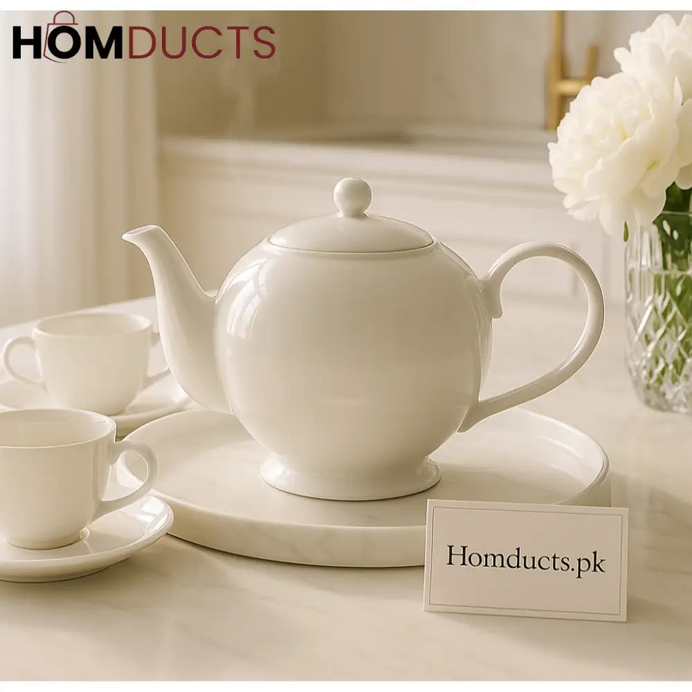 Classic Ivory Ceramic Teapot – Elegant Gloss Finish with Curved Spout