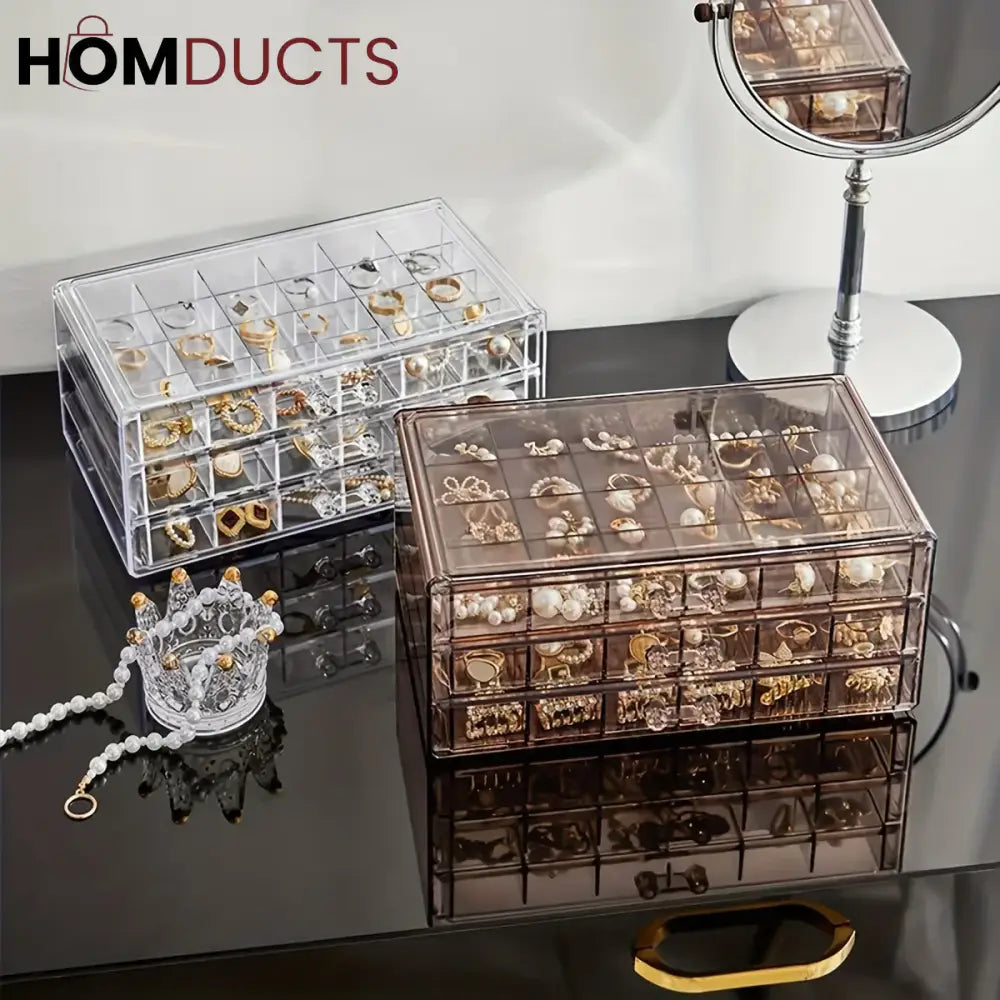 Clear Acrylic 3-Layer Jewelry Organizer Box Drawer Storage Case for Earrings, Rings & Accessories