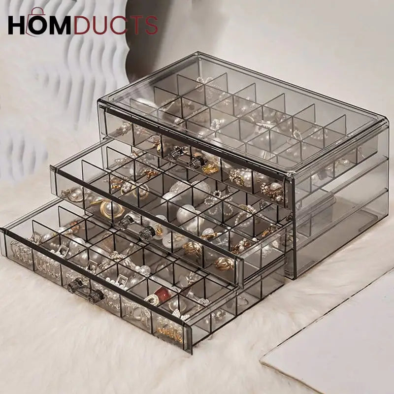 Clear Acrylic 3-Layer Jewelry Organizer Box Drawer Storage Case for Earrings, Rings & Accessories