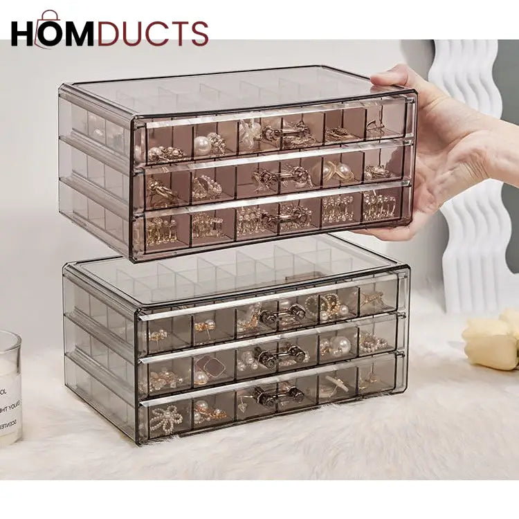 Clear Acrylic 3-Layer Jewelry Organizer Box Drawer Storage Case for Earrings, Rings & Accessories