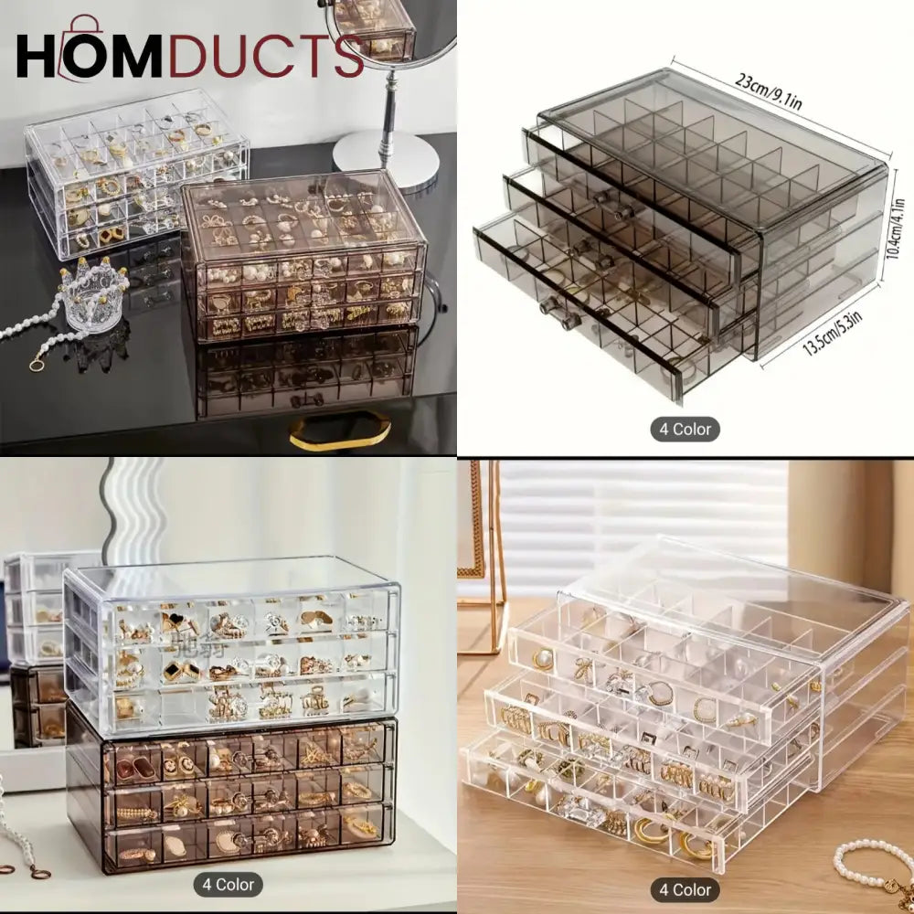 Clear Acrylic 3-Layer Jewelry Organizer Box Drawer Storage Case for Earrings, Rings & Accessories